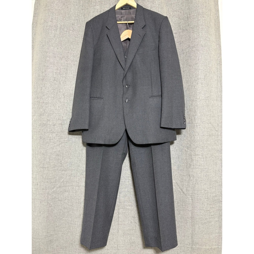 Vtg St Michael Men Pinstripe Suit 42R* 3 Piece Wool Gray Jacket Vest Pant 40x29 - Picture 2 of 16